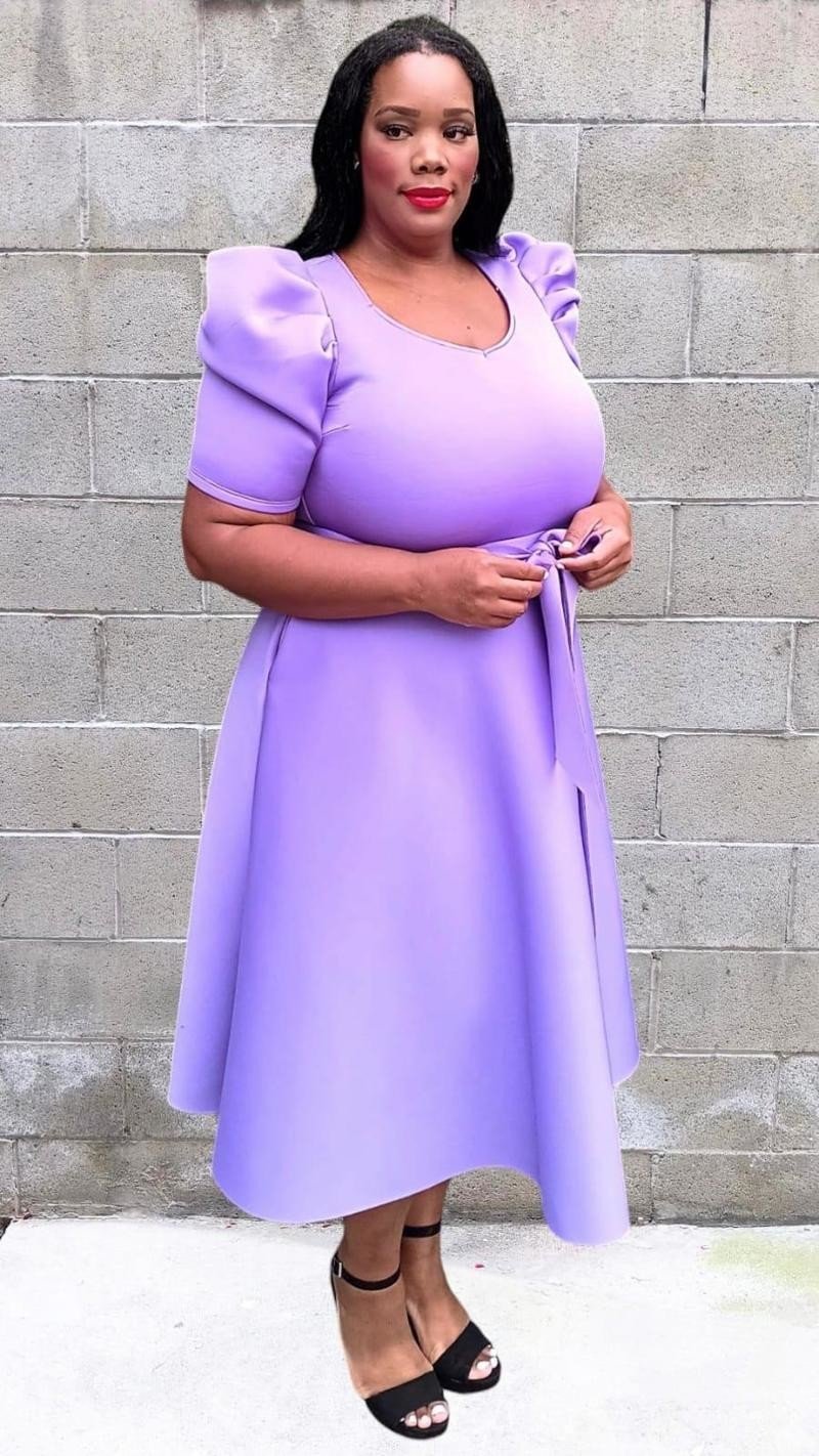 Plus Size short puff sleeves V-Neck Flowy Flare Midi Dress with Pockets and Belt