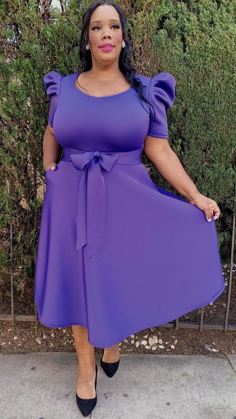 Plus Size short puff sleeves V-Neck Flowy Flare Midi Dress with Pockets and Belt