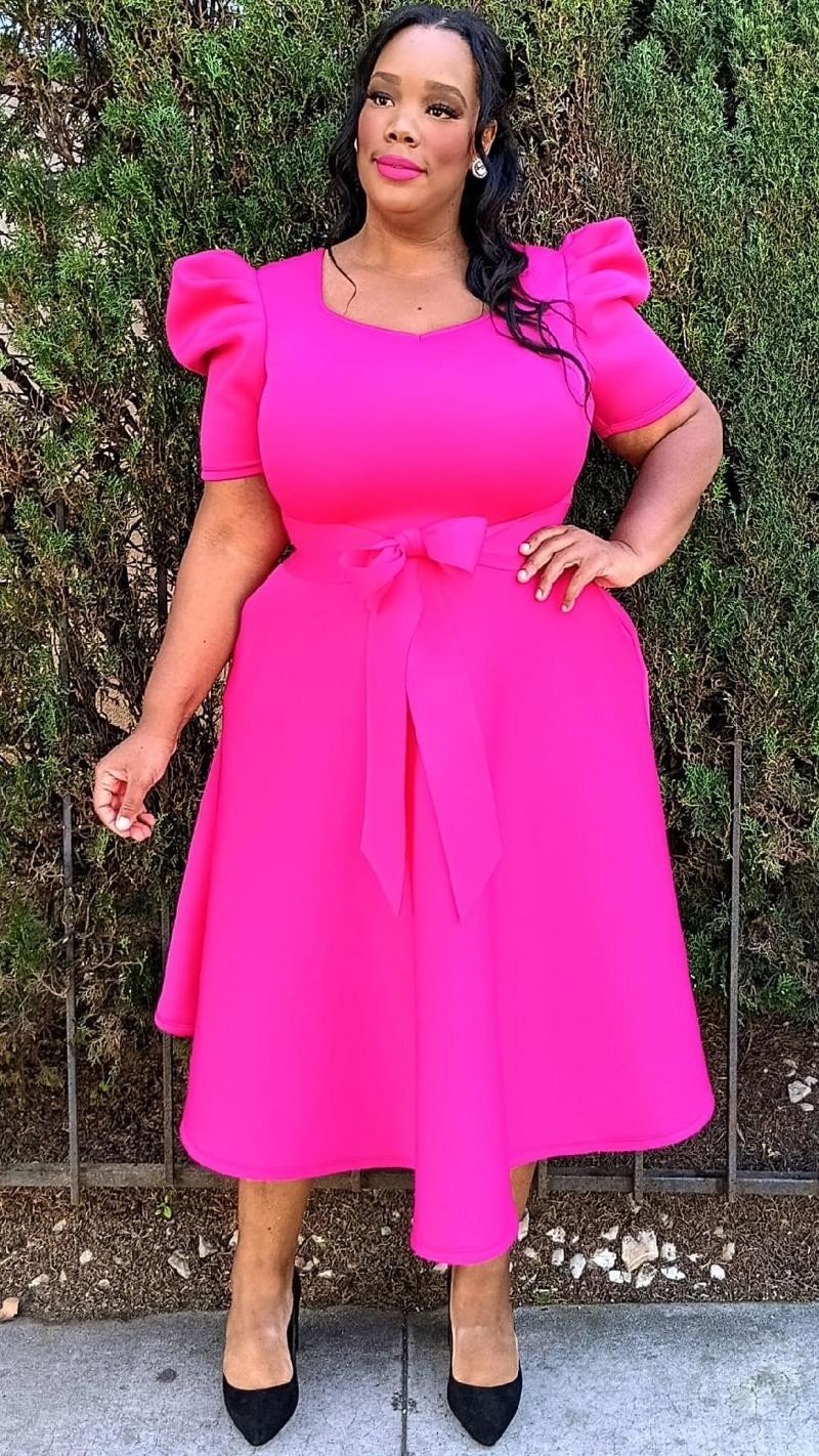 Plus Size short puff sleeves V-Neck Flowy Flare Midi Dress with Pockets and Belt NAVY fUCHSIA