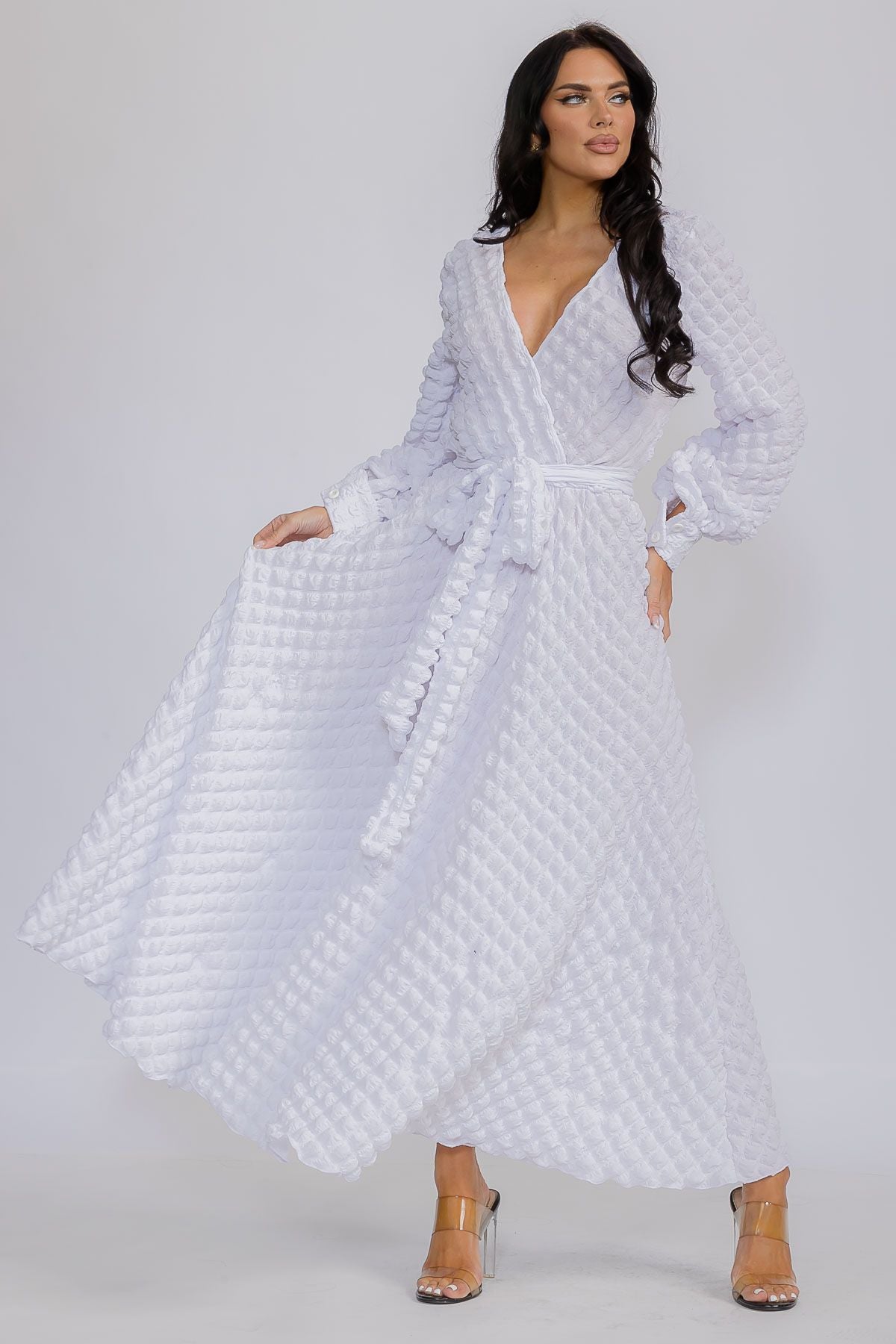 2951 PC Women Reg Size Buttons Cuffs Popcorn Fabric Maxi Flowy Belt