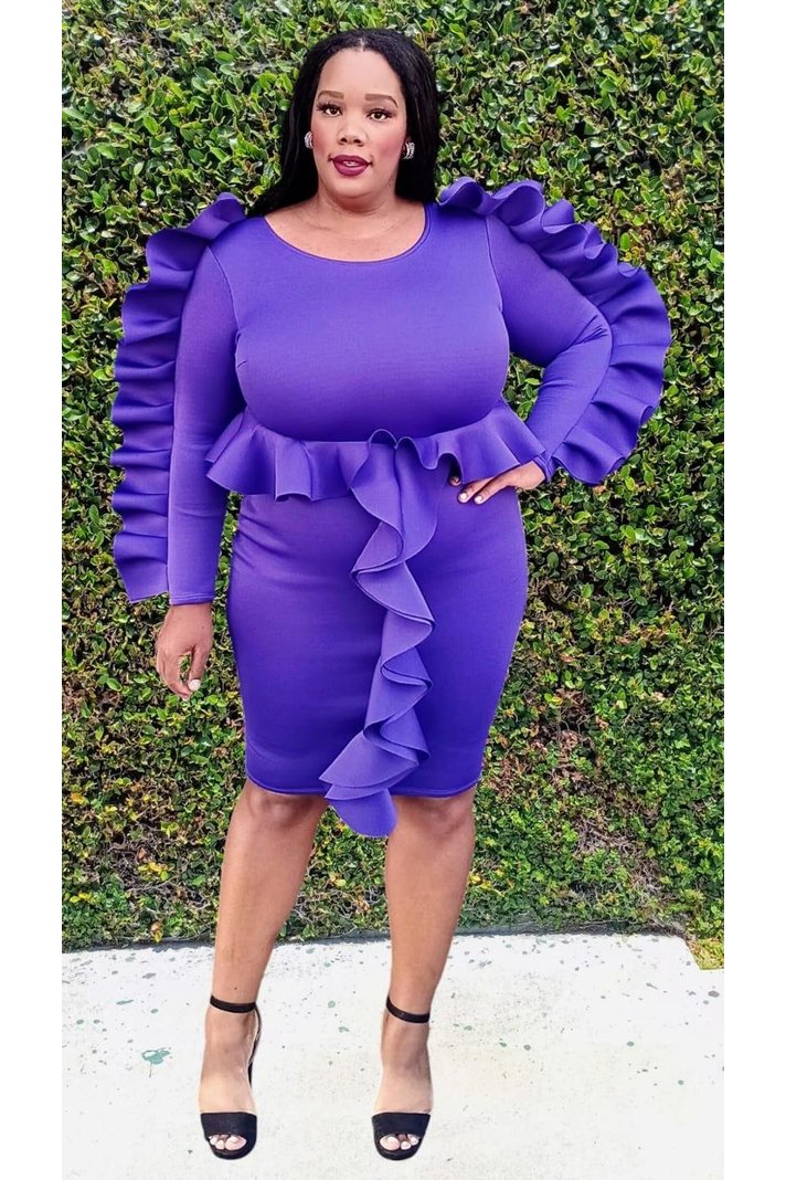 2931 Plus Size Long Sleeves Round Neck Ruffle Around Meddle Dress
