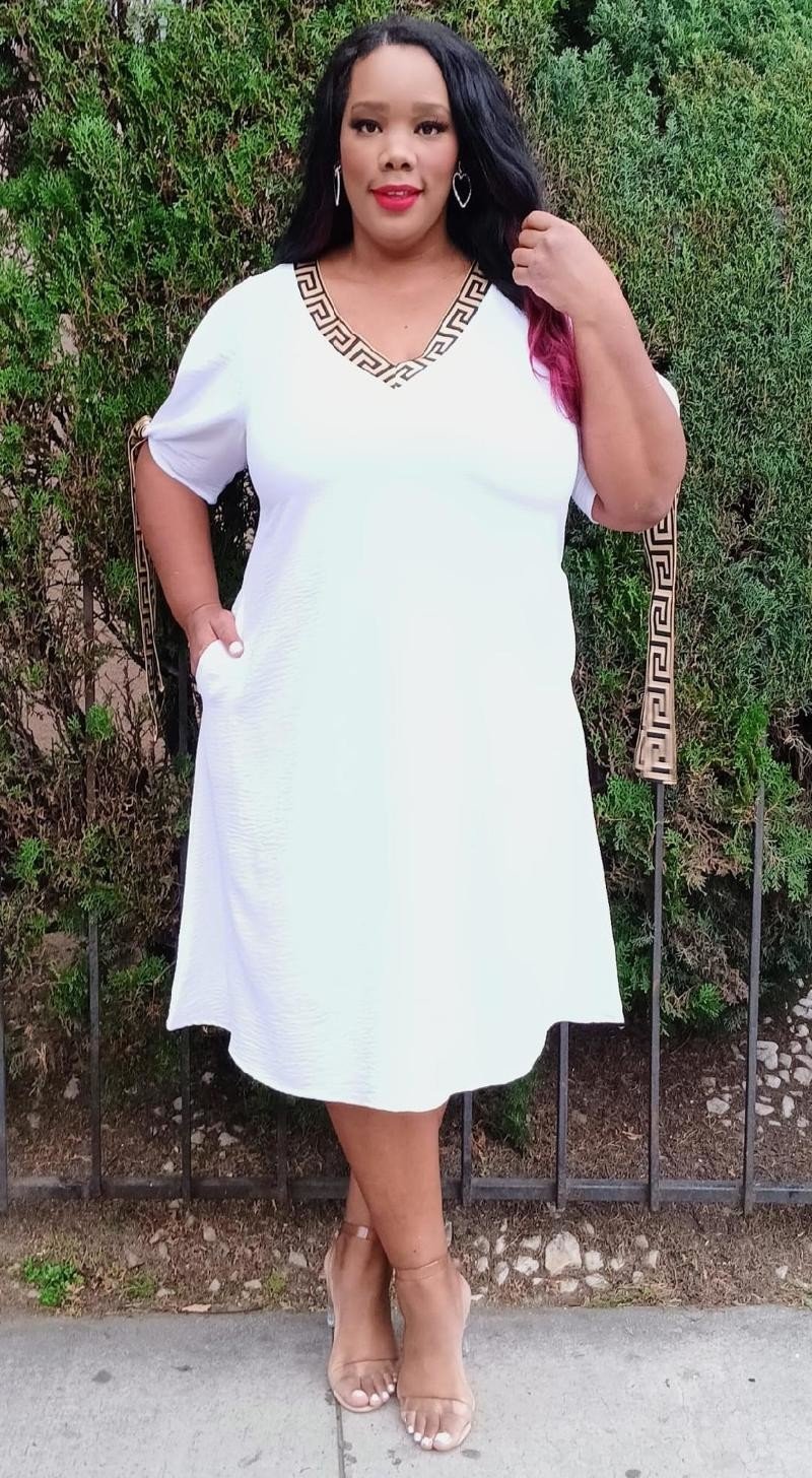 2866 Plus Size V-Neck Geometric Trim Elegance Cold Shoulder Knee Dress