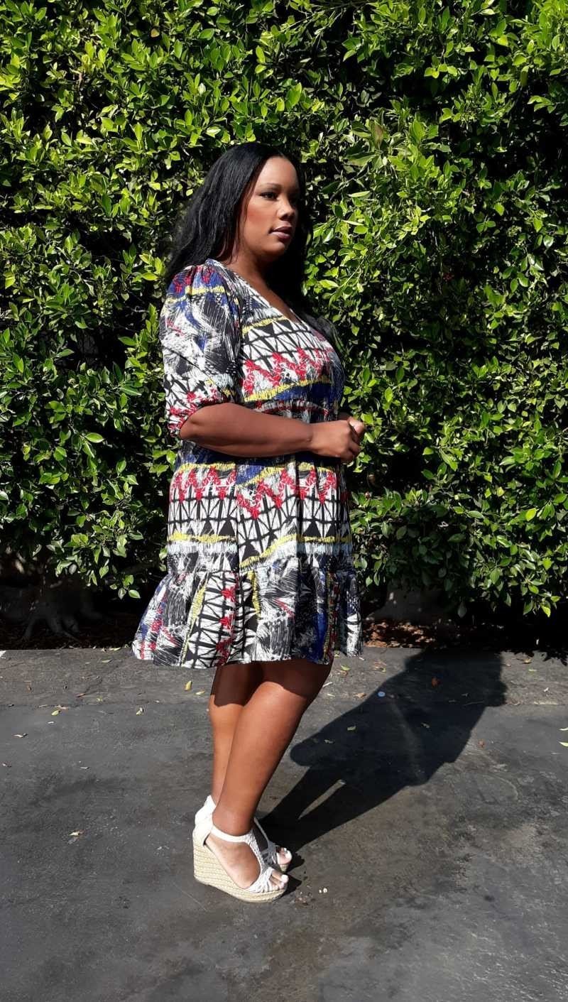 PLP0032AZ Plus Size 3/4 Sleeves V-Neck Flare knee Dress
