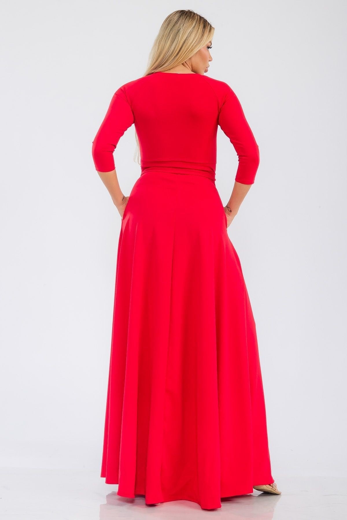 2072 REG Women 3/4 Length Sleeve Effortless Fit & Flare Maxi Dress with Waist Tie Pockets (Copy)
