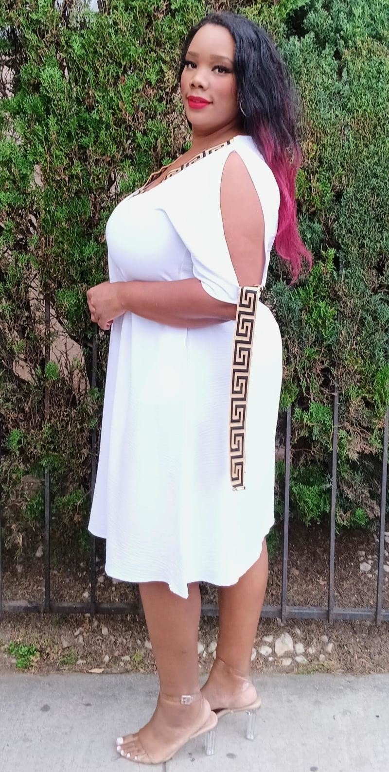 2866 Plus Size V-Neck Geometric Trim Elegance Cold Shoulder Knee Dress