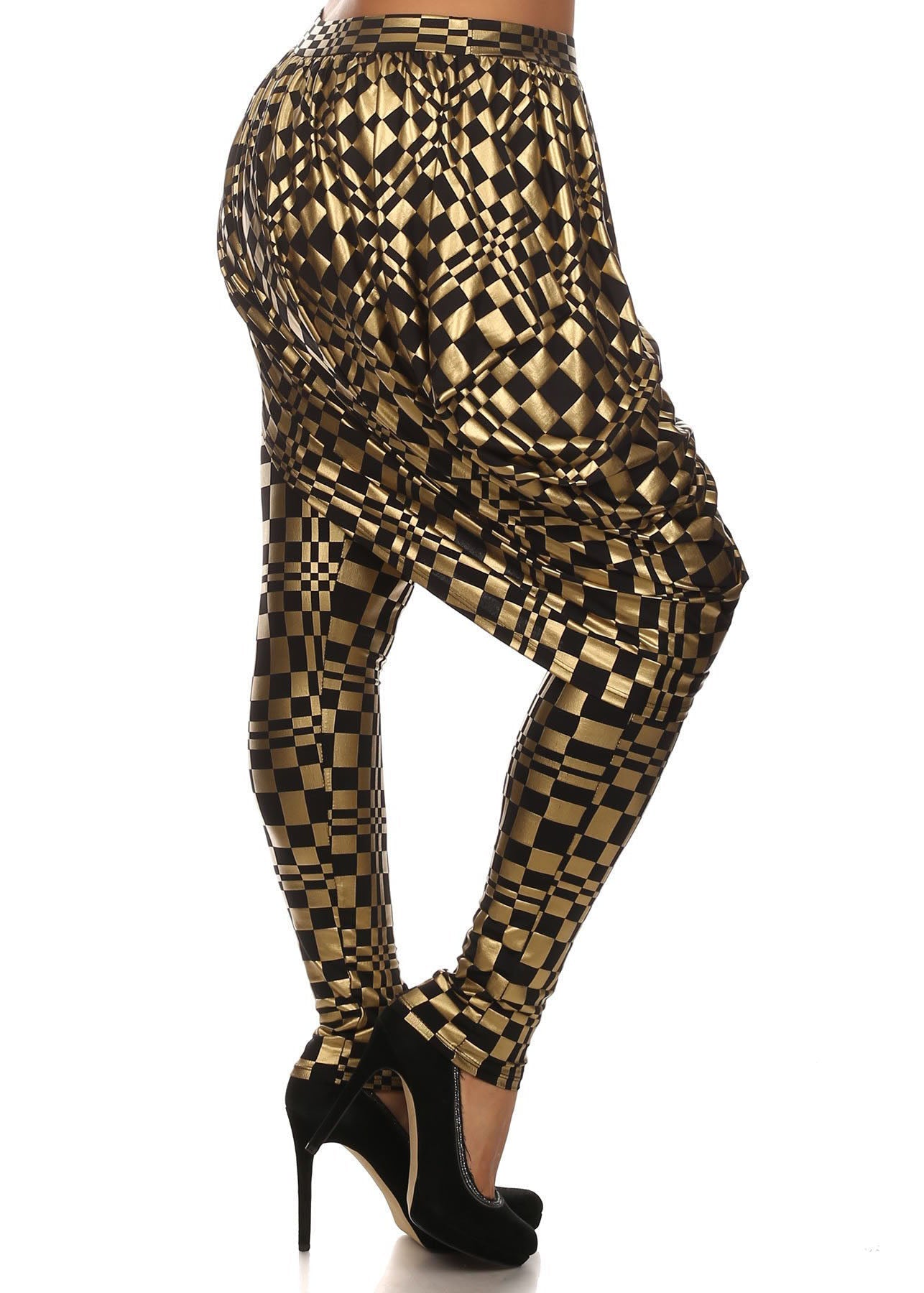 HI Curvy Plus Size Women Gold Metallic Hi-Waist Legging layer drape Skirts