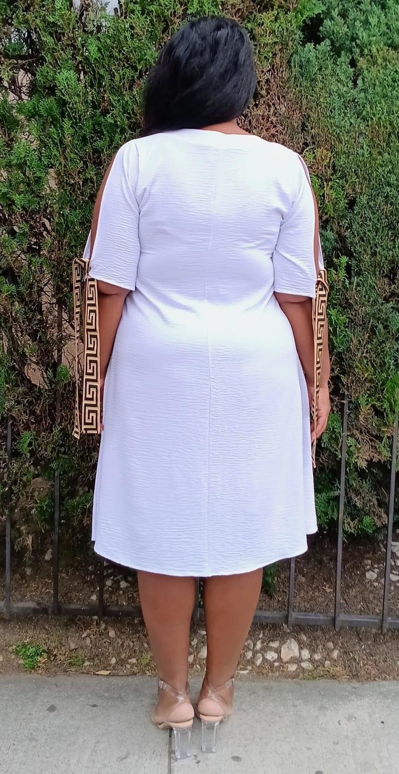 2866 Plus Size V-Neck Geometric Trim Elegance Cold Shoulder Knee Dress
