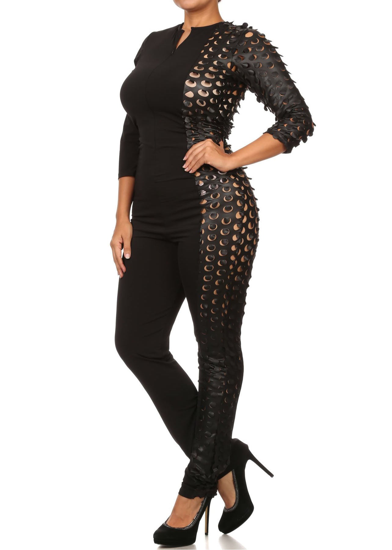 Plus Size Women Faux Leather Cutouts One Sided Contrast Jumpsuit