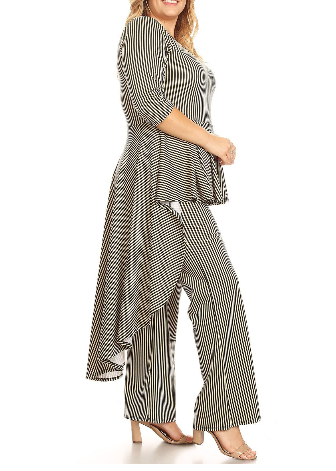 HI Curvy Plus Size Women Striped Hi- Low Peplum Top & Pants Set