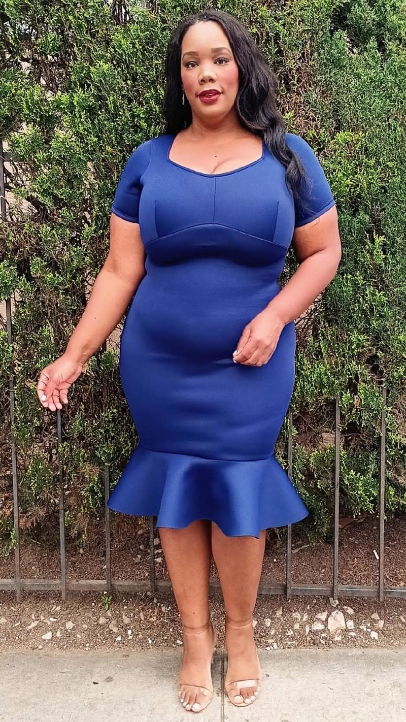 2904 Plus Size Sweetheart Neck Short Sleeves Mermaid Midi Dress