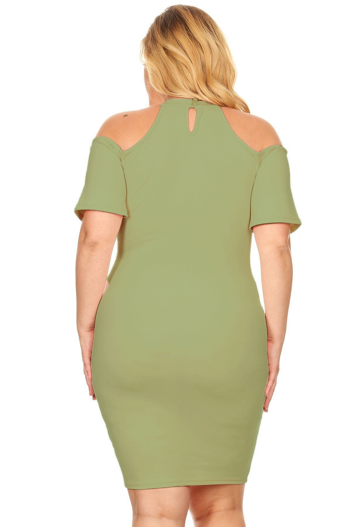 Plus Size Short Sleeves Cold Shoulder Mock Neck Cutout Keyhole Bodycon Dress
