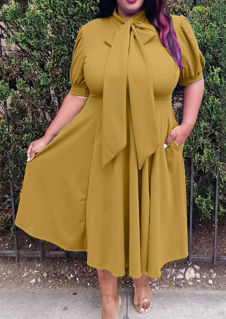 2852SO Plus Size Women Bow Collar Fit & Flare Midi Dress