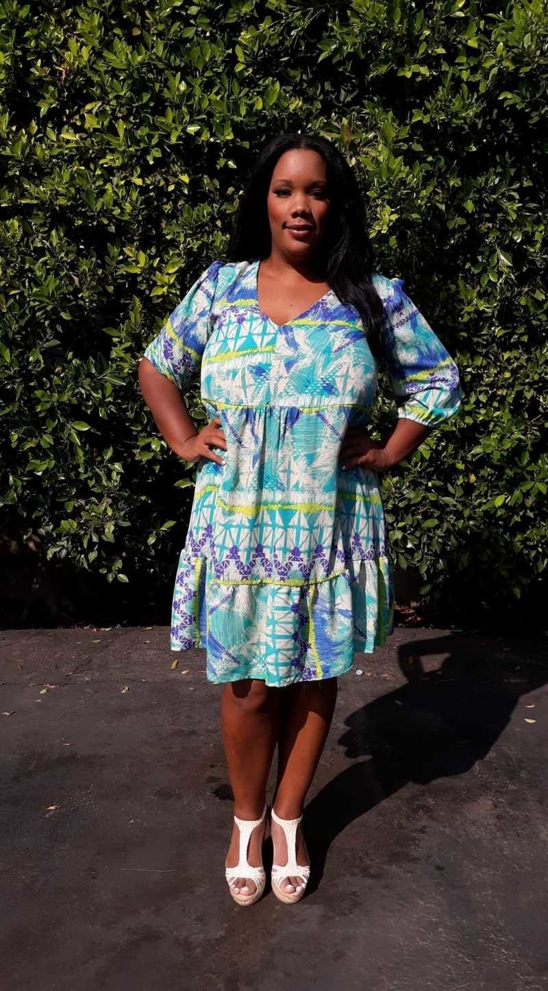 PLP0032AZ Plus Size 3/4 Sleeves V-Neck Flare knee Dress