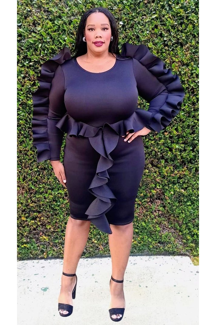 2931 Plus Size Long Sleeves Round Neck Ruffle Around Meddle Dress