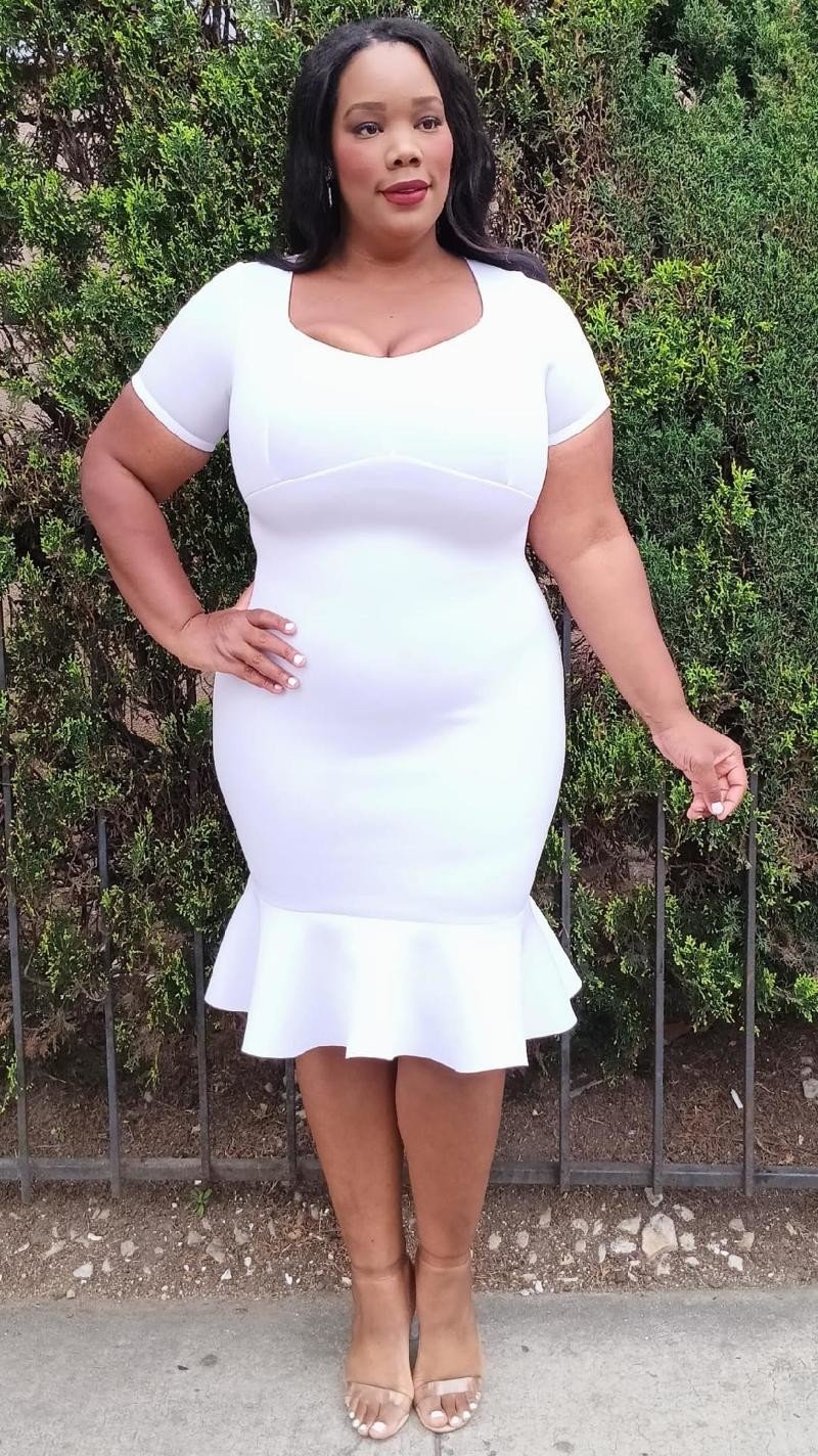 2904 Plus Size Sweetheart Neck Short Sleeves Mermaid Midi Dress