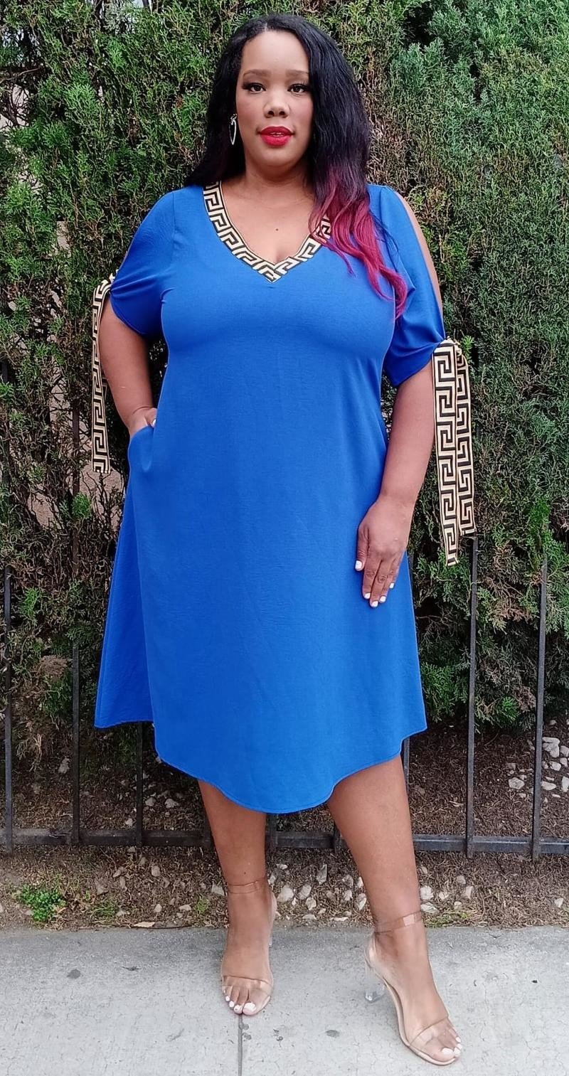 2866 Plus Size V-Neck Geometric Trim Elegance Cold Shoulder Knee Dress