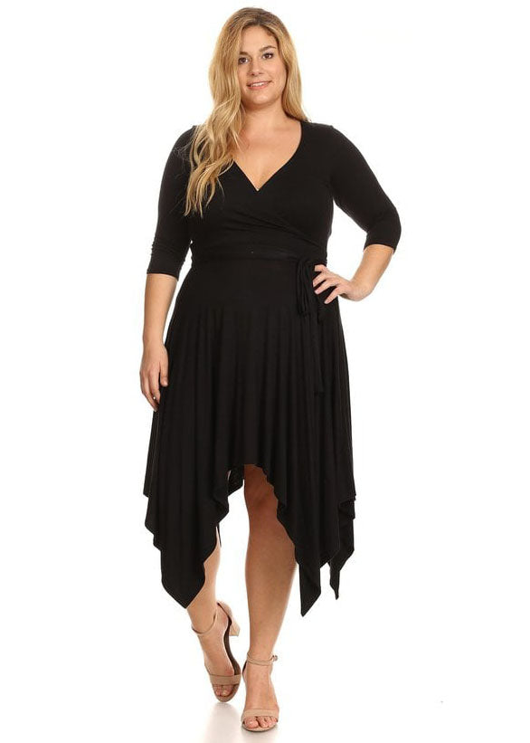 Plus Size Asymmetric Pleated hem Wrapped Flare Midi Dress 3/4 Sleeves