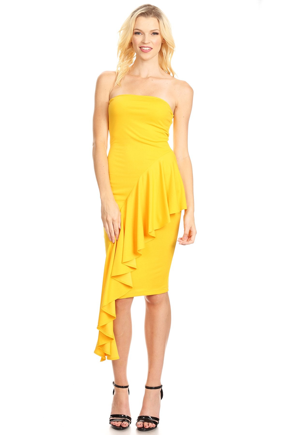 Women Chic Off Shoulder Draped Detail Ruffled Overlay Hem Knee Dresses