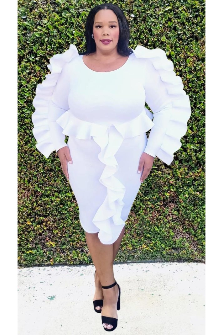 2931 Plus Size Long Sleeves Round Neck Ruffle Around Meddle Dress