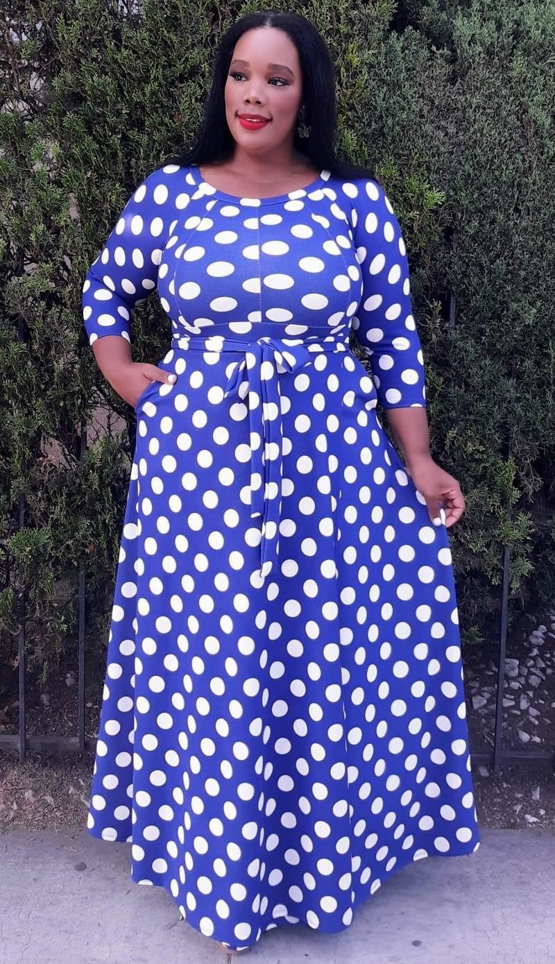2072PD Plus Size Big Polka Dot Fit & Flare maxi Dress with pockets