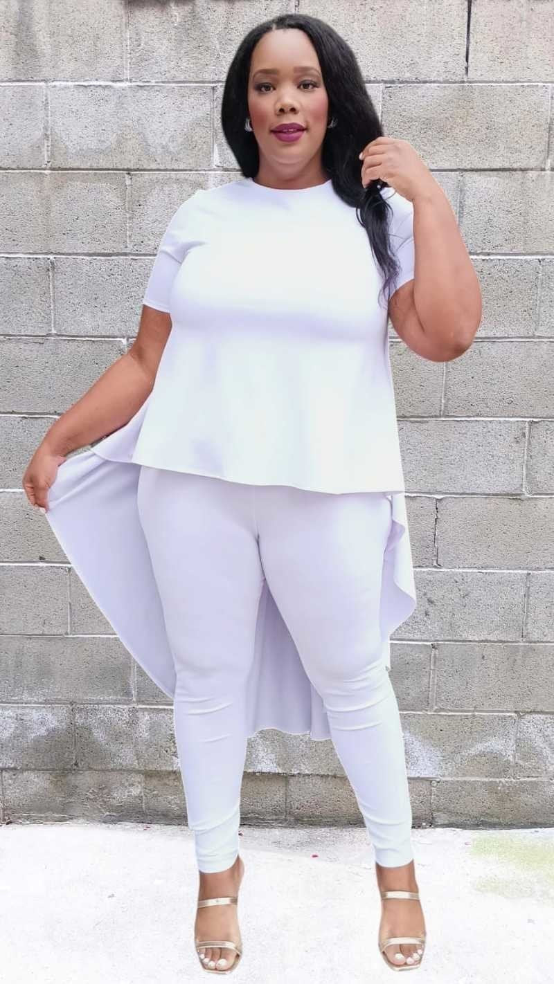 2915 Plus Size Round Neck Short Sleeve Back pleated Top and Pants Set