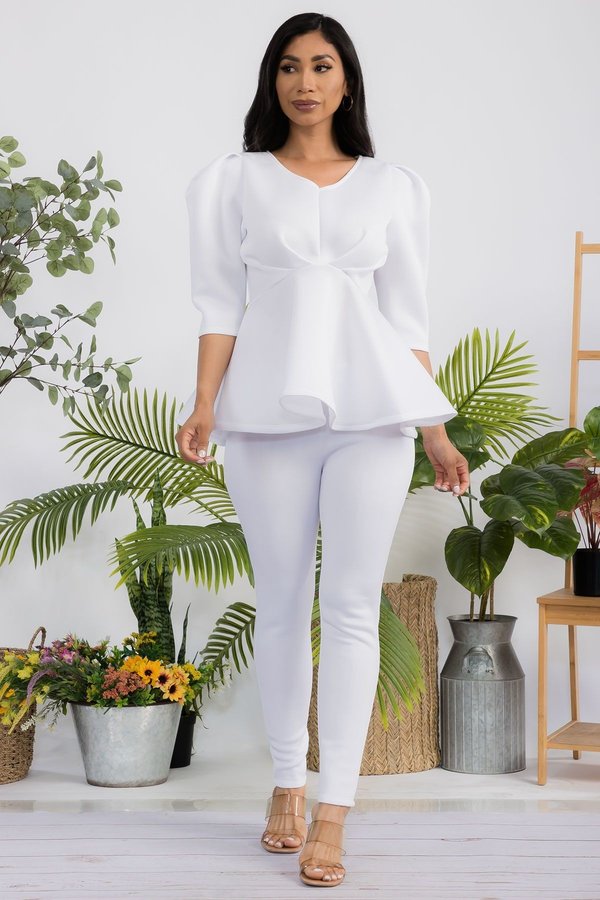 3000 SET Women 3/4 Sleeves V-neck Peplum Top and High-Waist Pants Set with Belt