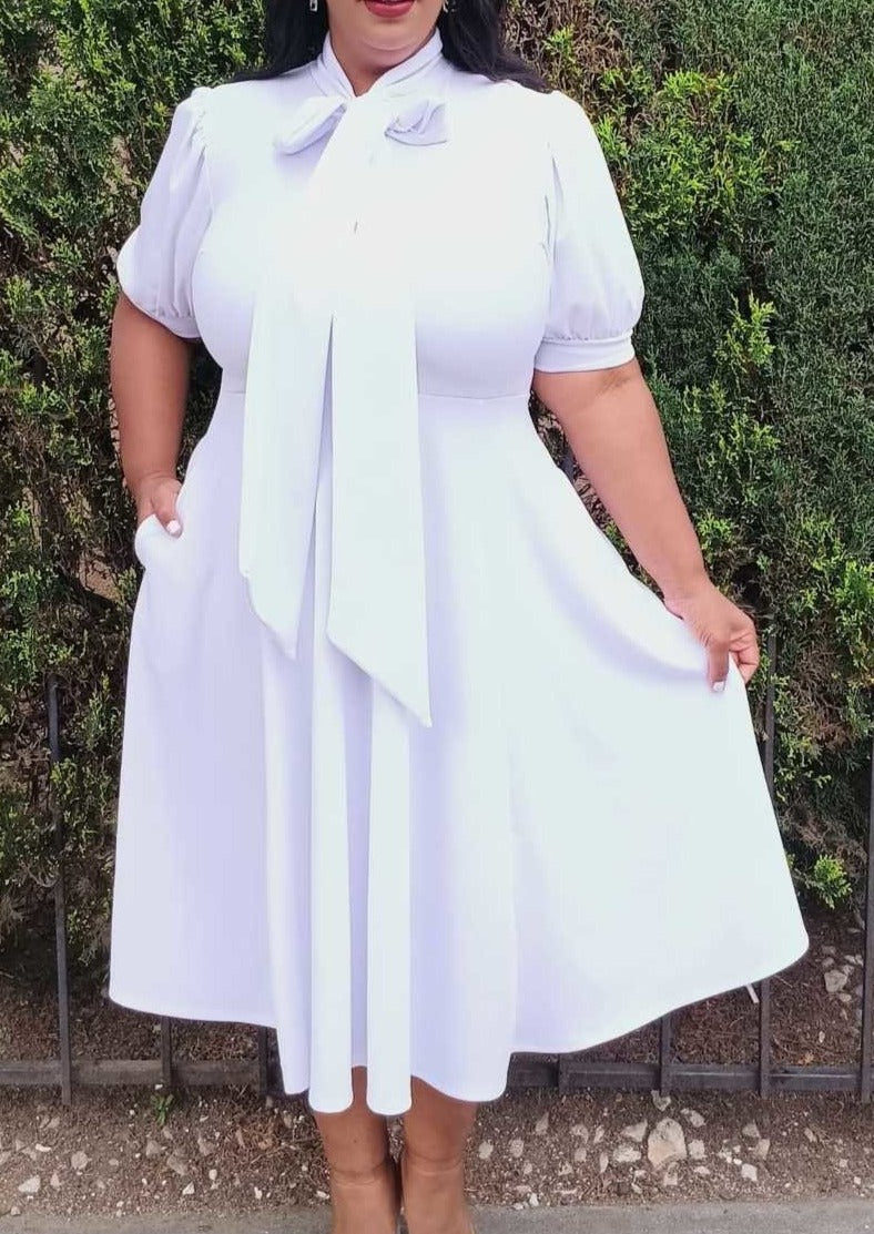 2852SO Plus Size Women Bow Collar Fit & Flare Midi Dress