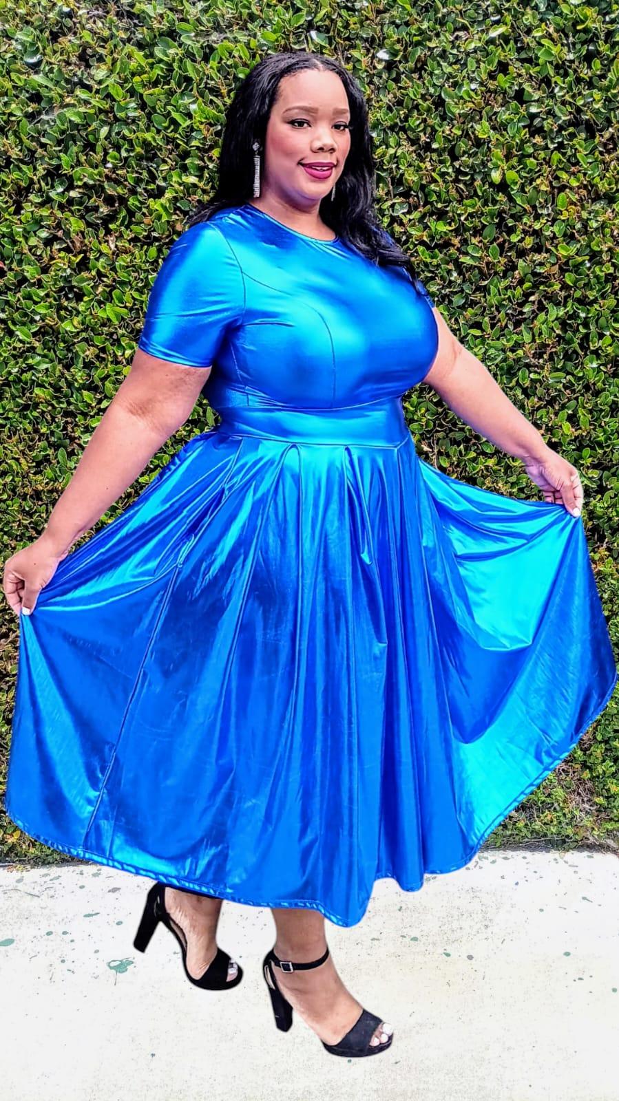 2962 Plus Size Women Vinyl Metallic Fit & Flare Midi Dress