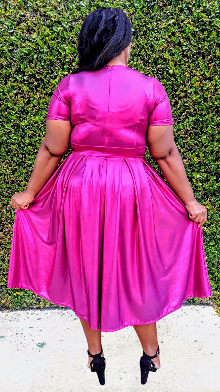 2962 Plus Size Women Vinyl Metallic Fit & Flare Midi Dress