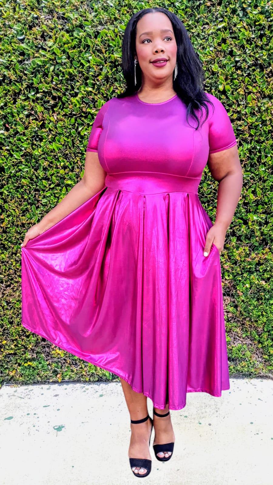 2962 Plus Size Women Vinyl Metallic Fit & Flare Midi Dress
