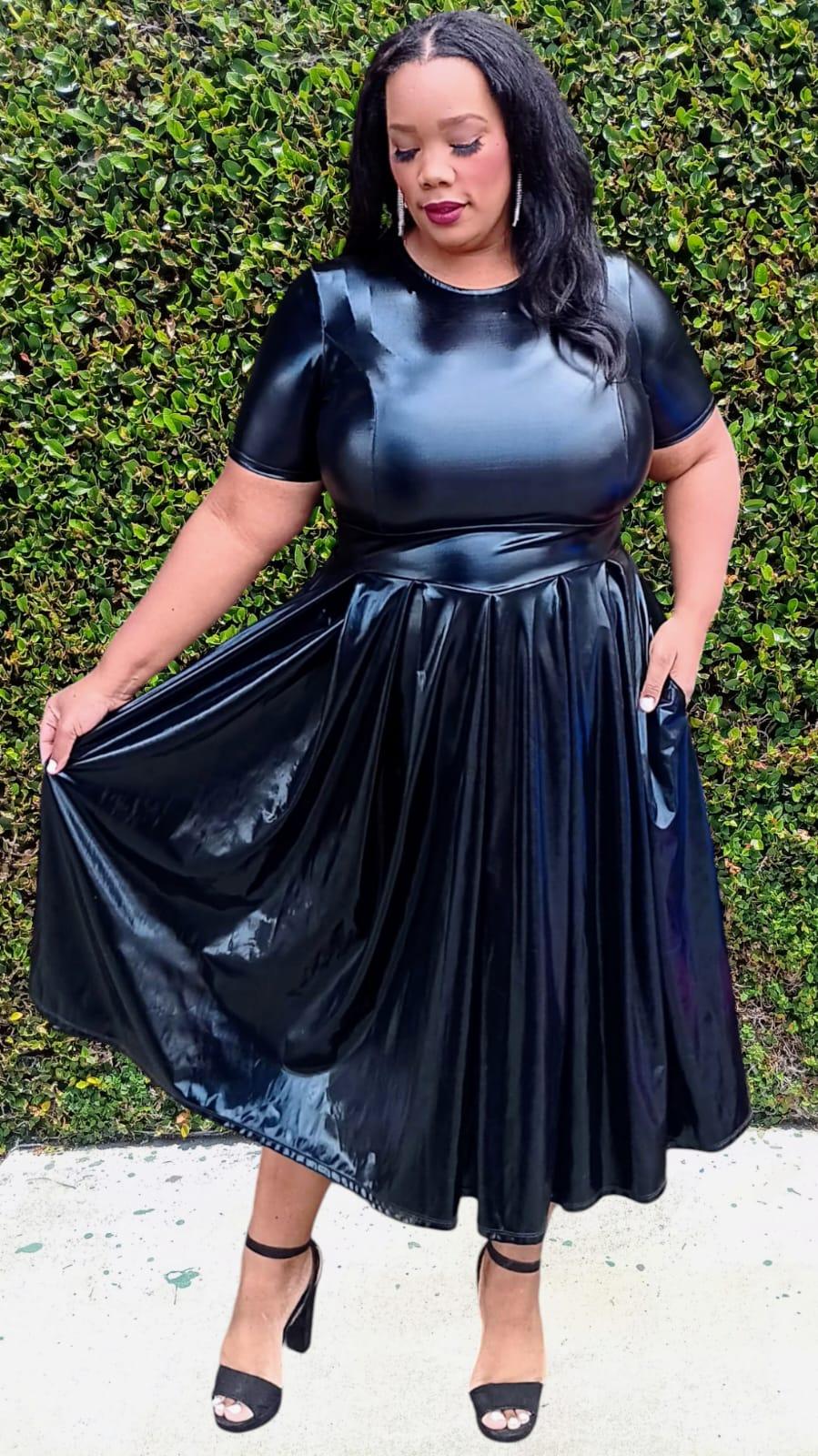 2962 Plus Size Women Vinyl Metallic Fit & Flare Midi Dress