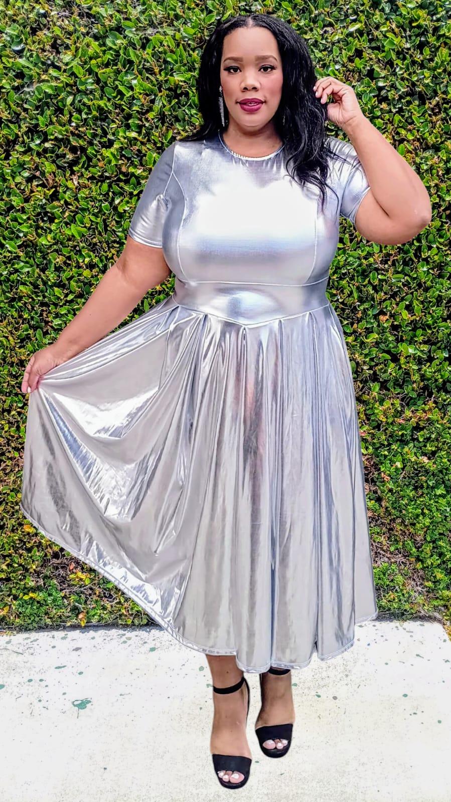 2962 Plus Size Women Vinyl Metallic Fit & Flare Midi Dress