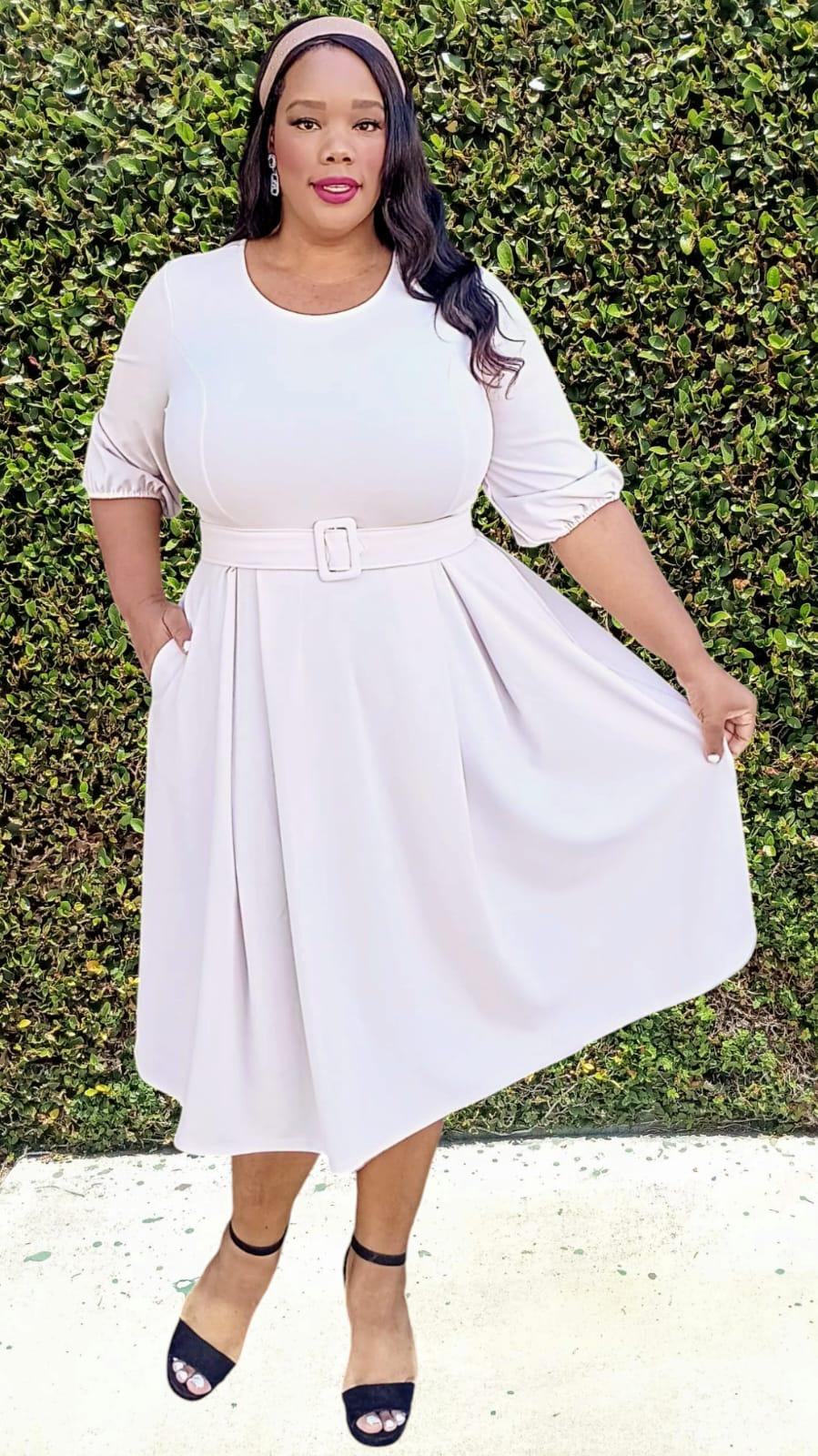 2965 Plus Size 3/4 Bishop Sleeves Flare Midi Dress with Belt Zipper Back