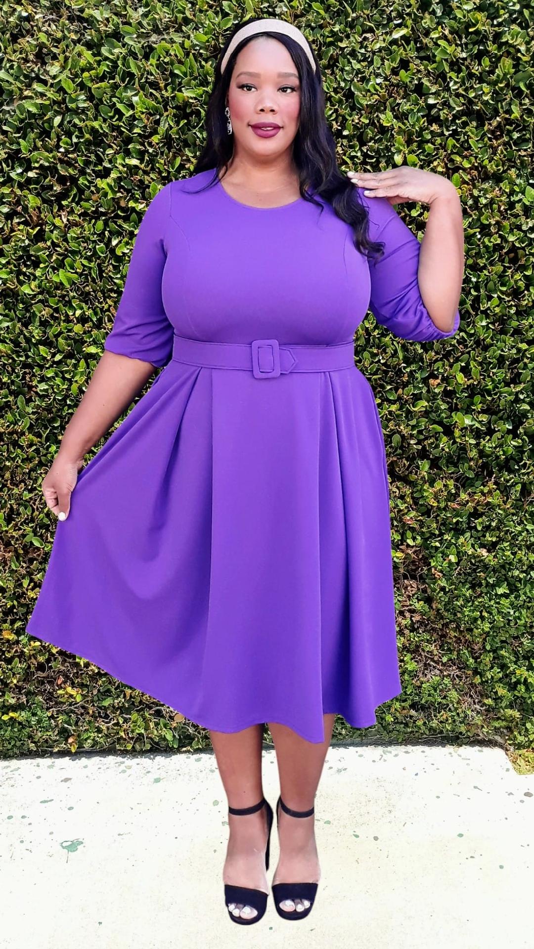 2965 Plus Size 3/4 Bishop Sleeves Flare Midi Dress with Belt Zipper Back
