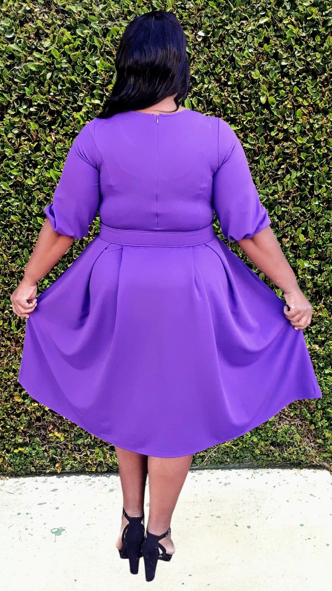 2965 Plus Size 3/4 Bishop Sleeves Flare Midi Dress with Belt Zipper Back