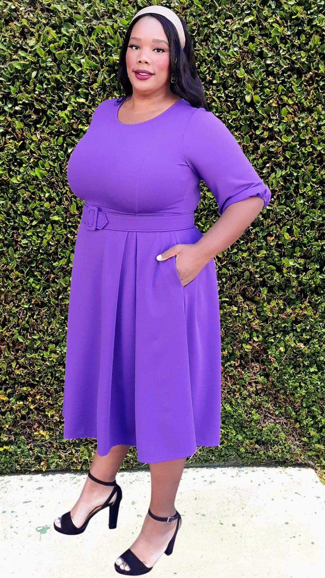 2965 Plus Size 3/4 Bishop Sleeves Flare Midi Dress with Belt Zipper Back