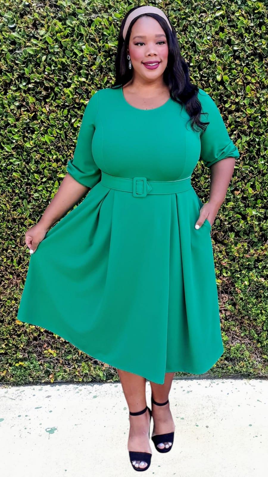 2965 Plus Size 3/4 Bishop Sleeves Flare Midi Dress with Belt Zipper Back