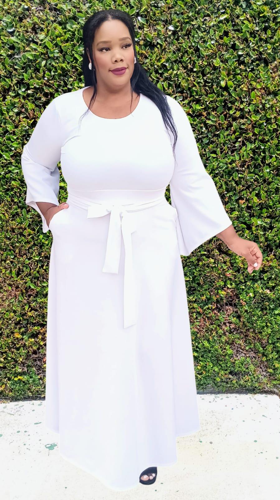 2920 Plus Size Bell Sleeves Sleeves Flare Maxi Flare Dress with Drawstring Belt and Pockets