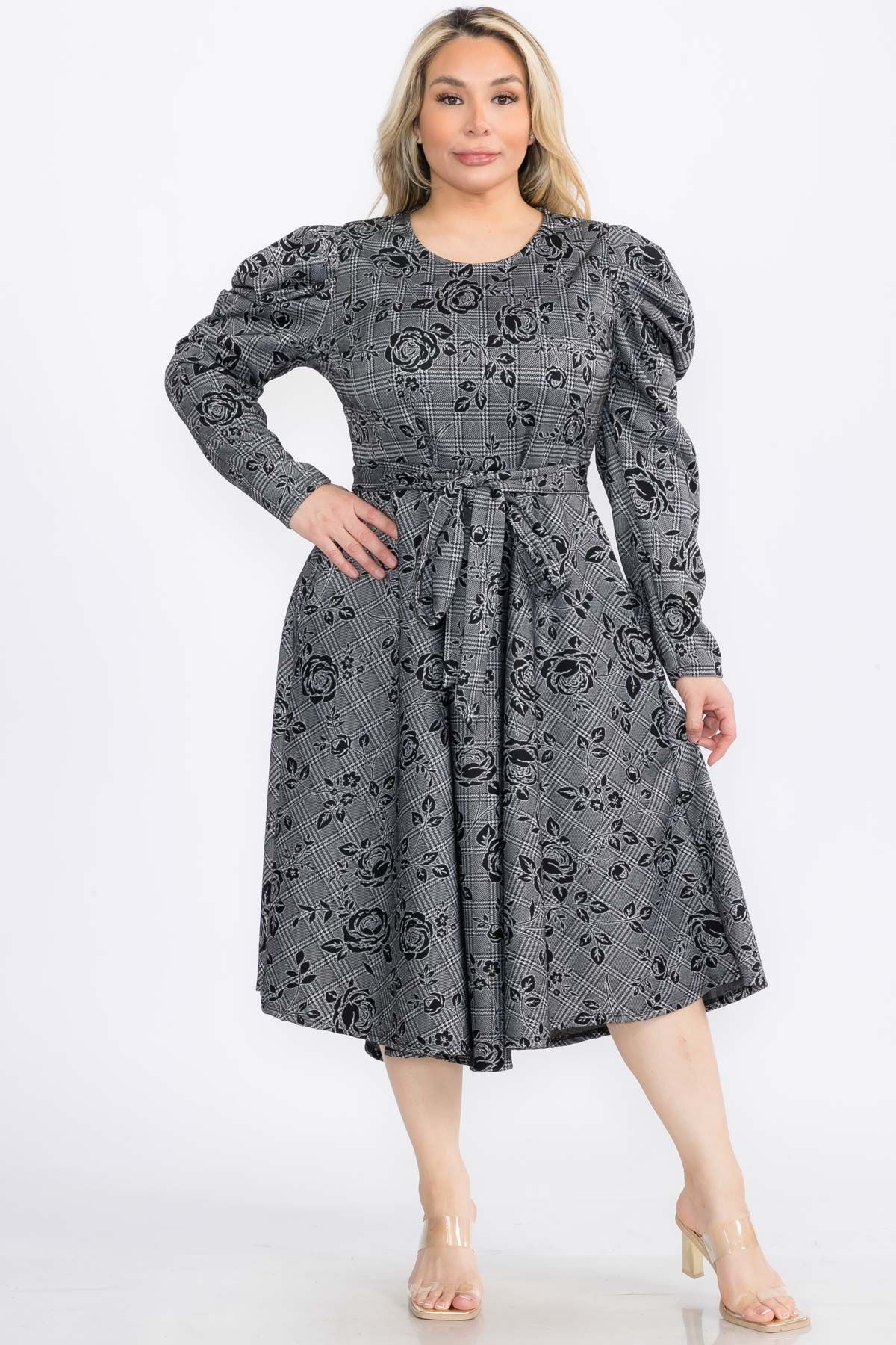 2959JQ Jacquard Smocked Cuff Raglan Sleeves Flare Midi Plated Dress With Belt