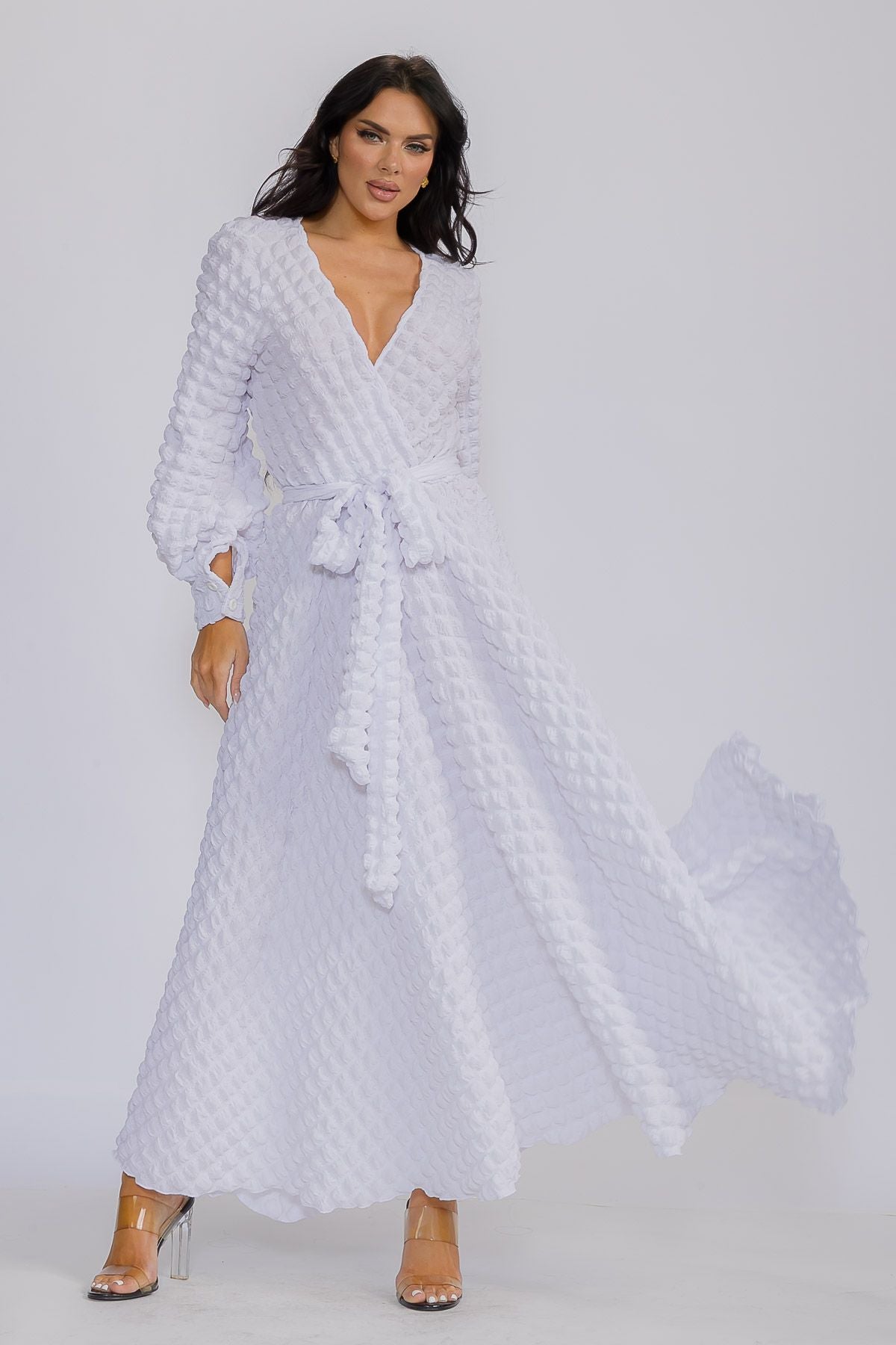 2951 PC Women Reg Size Buttons Cuffs Popcorn Fabric Maxi Flowy Belt