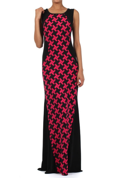 Women Duo-Tone dress with a Deep Round Neck Maxi Flare Dress