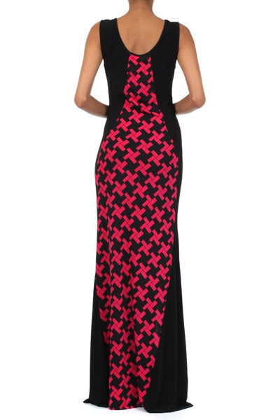 Women Duo-Tone dress with a Deep Round Neck Maxi Flare Dress