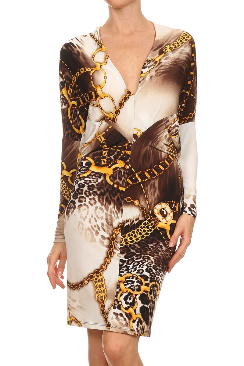 Women Chain print Convertible Neckline Long Sleeve Bodycon dress