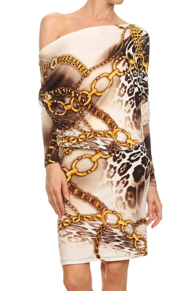 Women Chain print Convertible Neckline Long Sleeve Bodycon dress