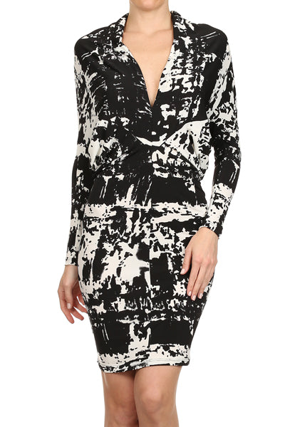 Women Off Shoulder Long Dolman Sleeve Abstract print Knee Dress with Low Back