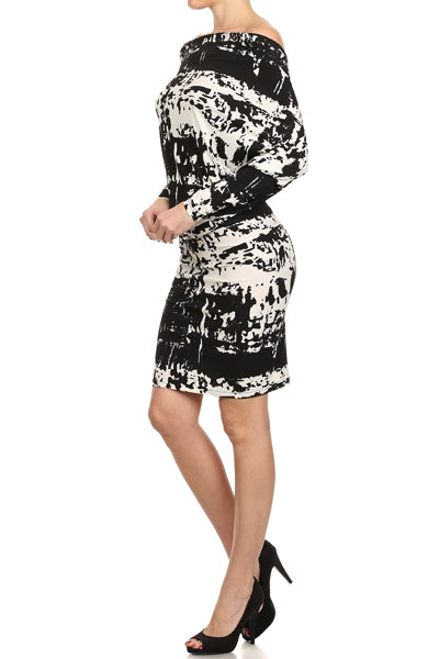 Women Off Shoulder Long Dolman Sleeve Abstract print Knee Dress with Low Back