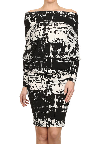 Women Off Shoulder Long Dolman Sleeve Abstract print Knee Dress with Low Back