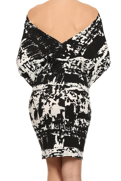 Women Off Shoulder Long Dolman Sleeve Abstract print Knee Dress with Low Back