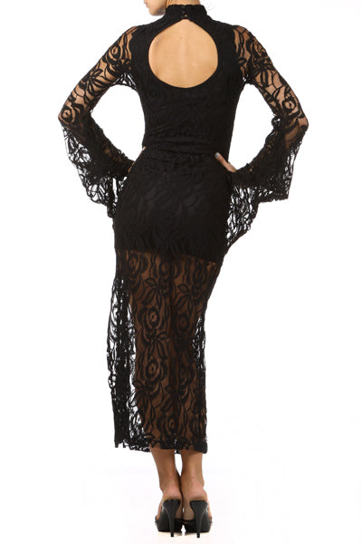 Women Turtle-neck Kimono Sleeves Partially Lined Lace Dress with an Oversize Keyhole Detail Back