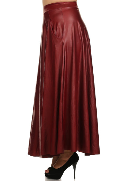 Women Faux leather, high waisted, full length, flared, skirt with pockets.